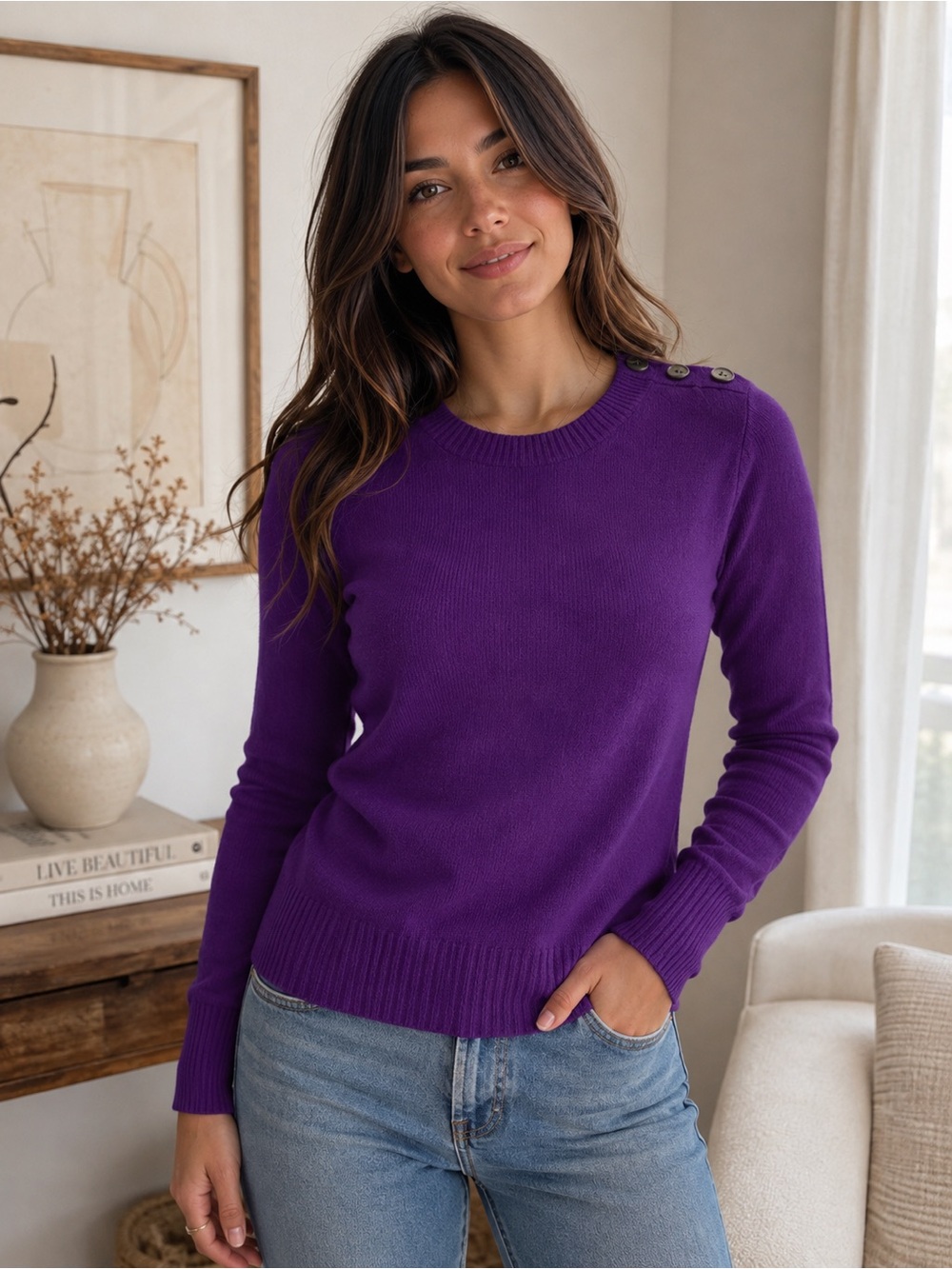FemWright Manson 100% Cashmere Purple Shoulder Button Sweater S